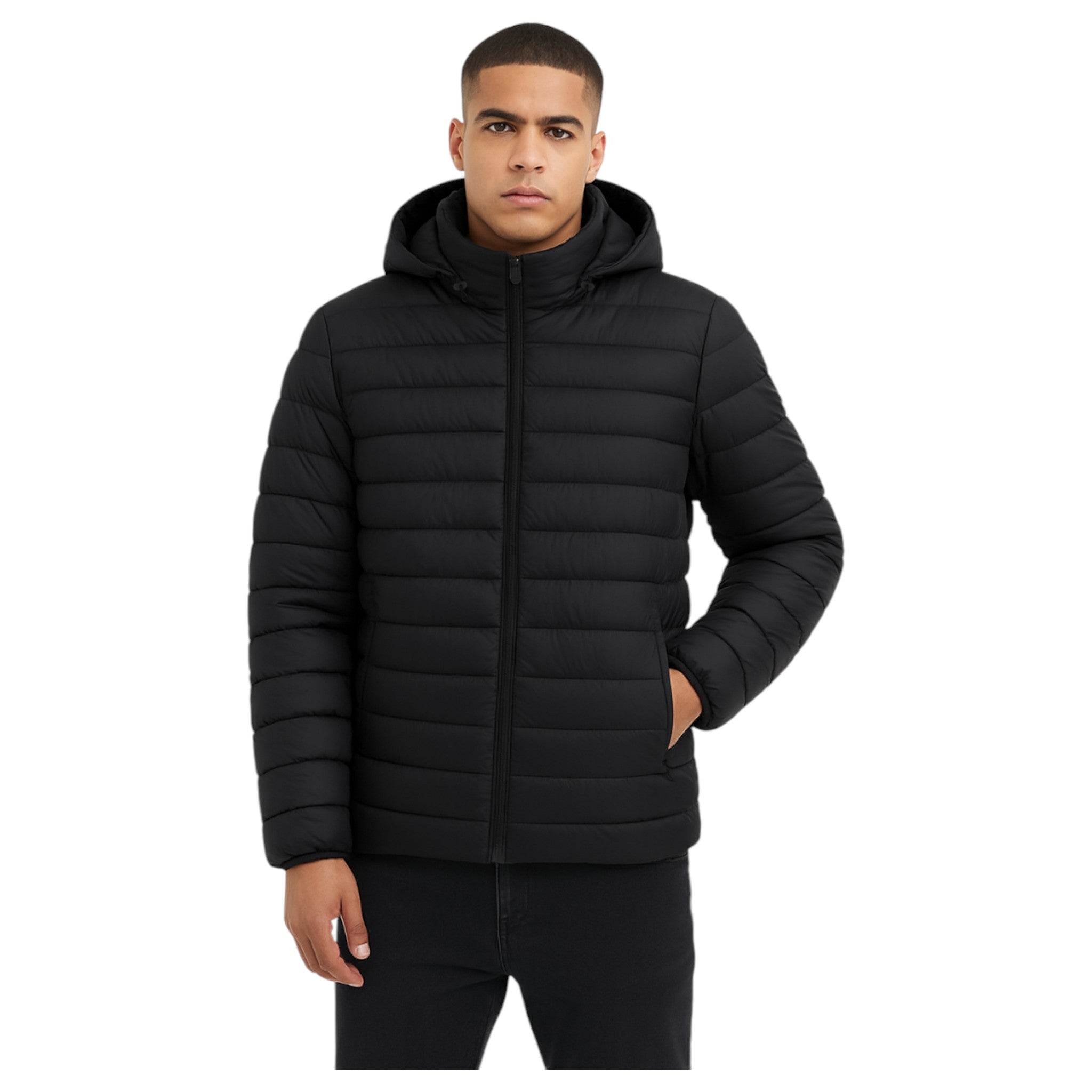JDN men’s black puffer coat with detachable hood and zip pockets UK winter jacket
